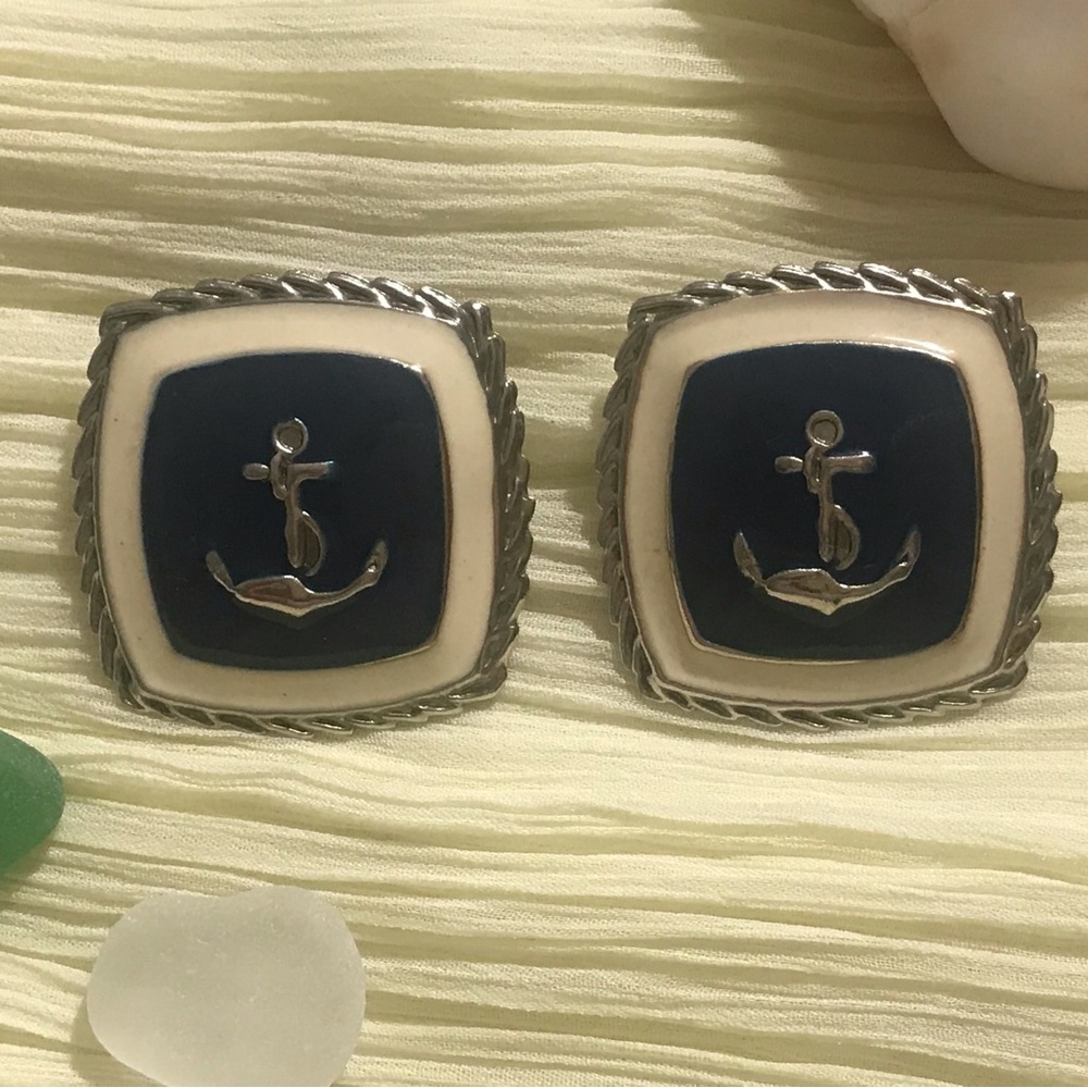 Vintage Silver Stamped Enamel Anchor Earrings